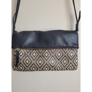 Indigo Black Faux Leather Woven Geometric Diamond Foldover Crossbody Bag